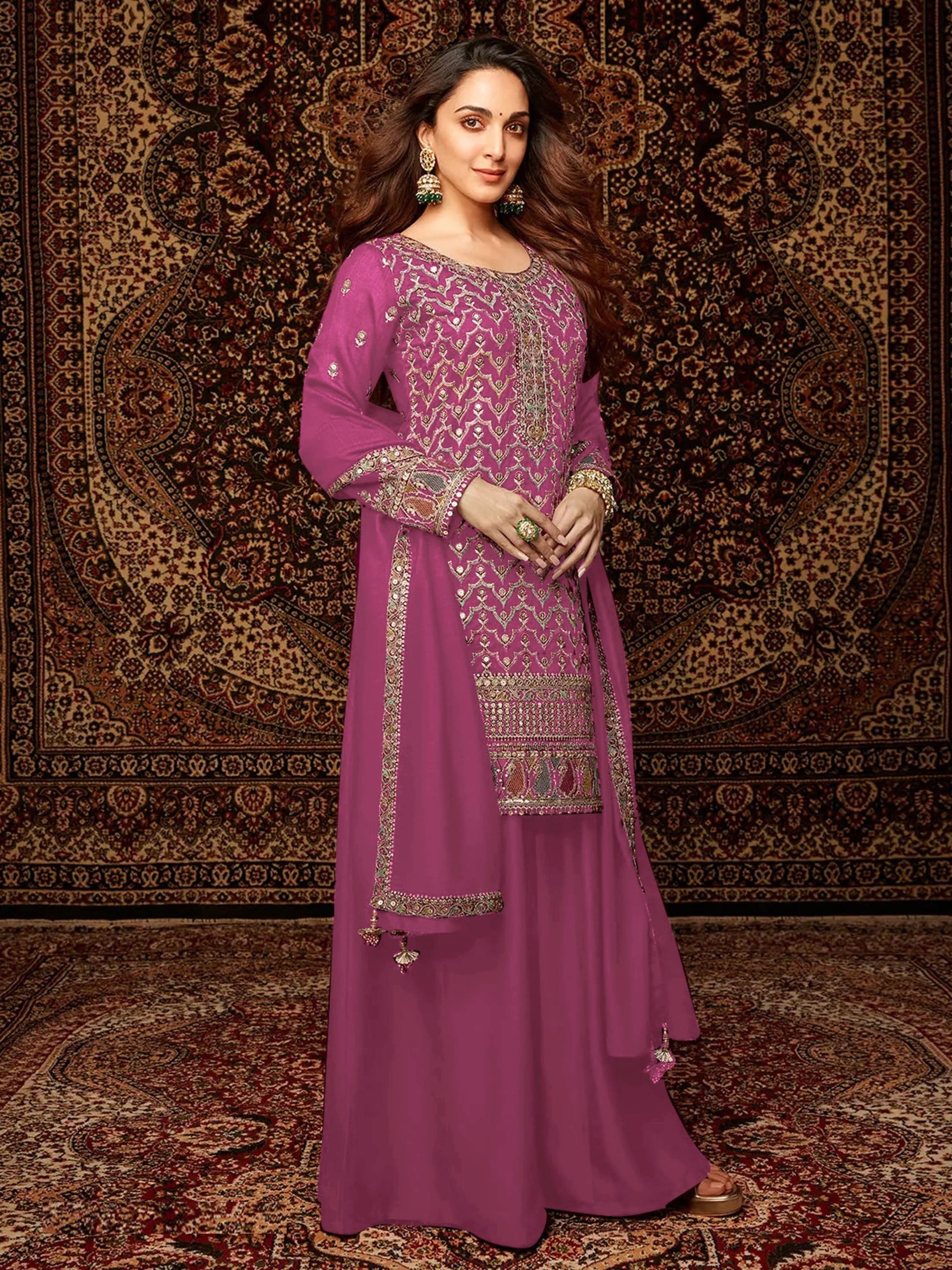Pink Chinon Embroidered Palazzo Suit