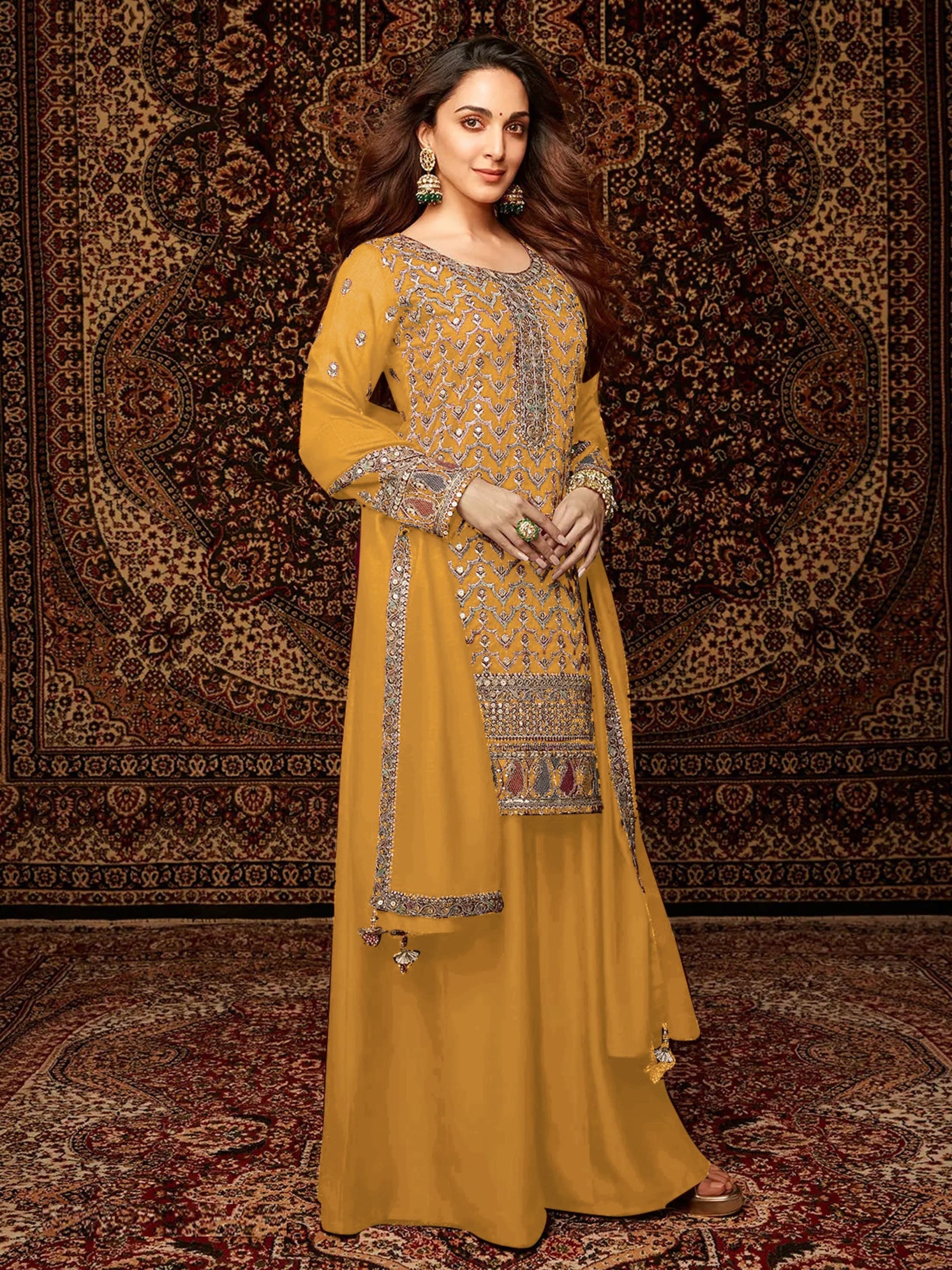 Yellow Chinon Embroidered Palazzo Suit