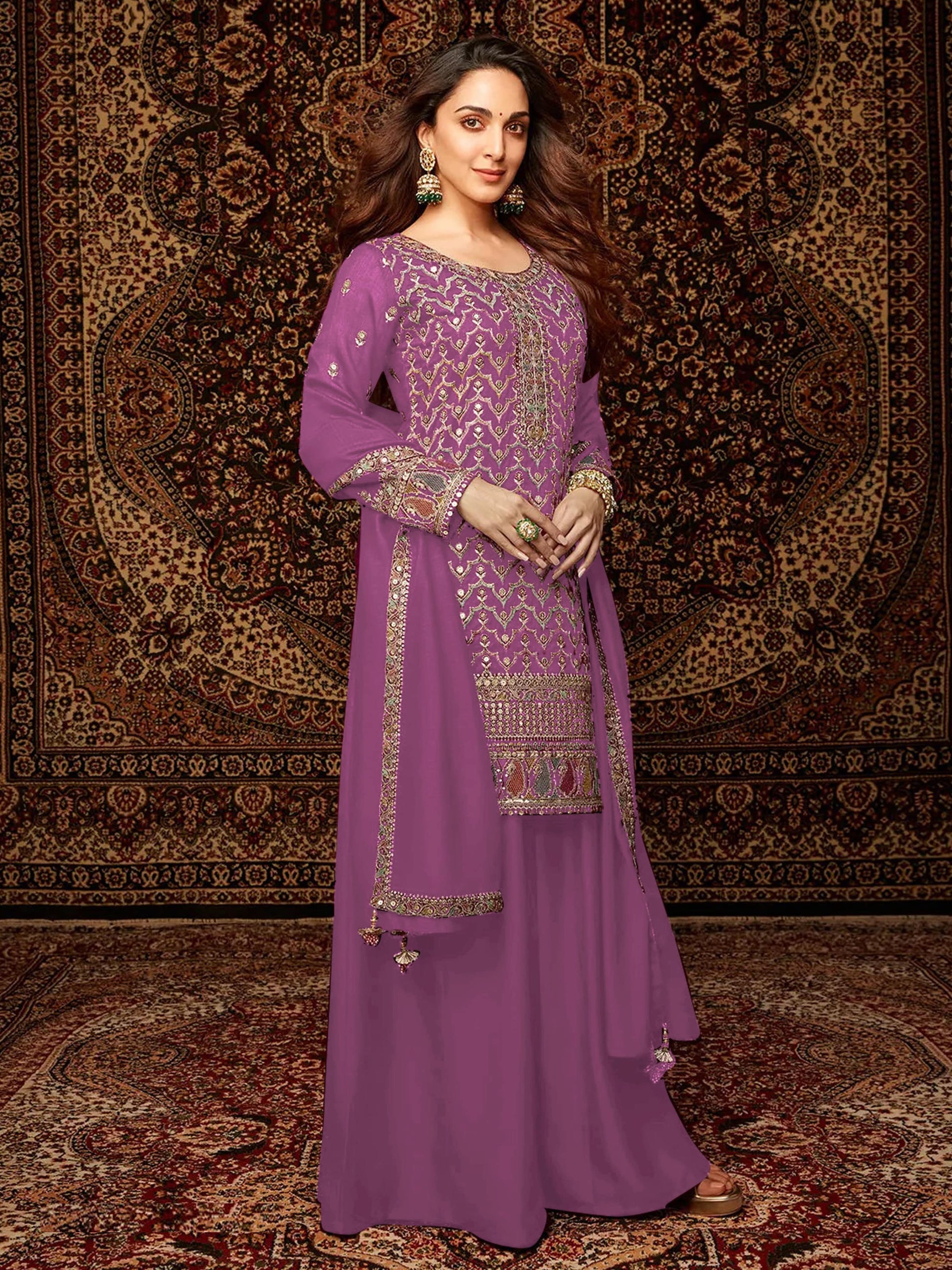 Light Purple Chinon Embroidered Palazzo Suit