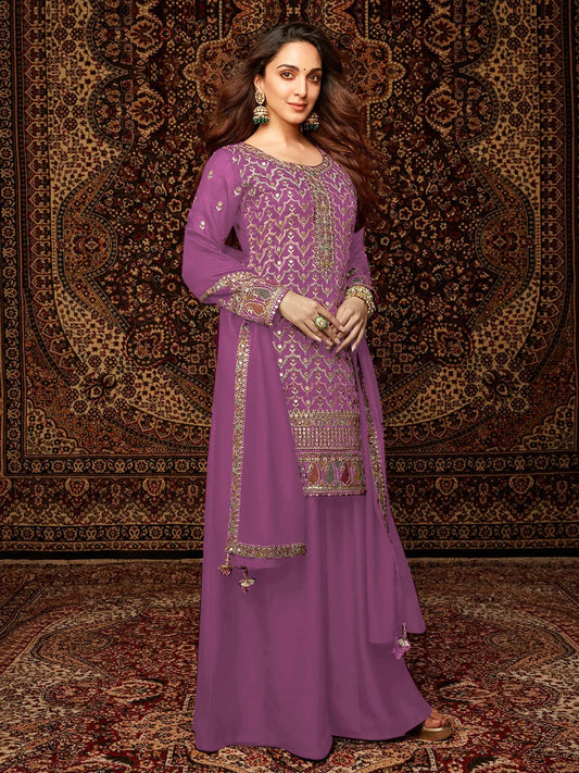 Light Purple Chinon Embroidered Palazzo Suit