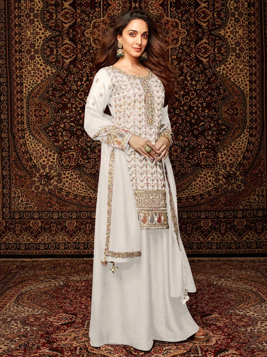 White Chinon Embroidered Palazzo Suit