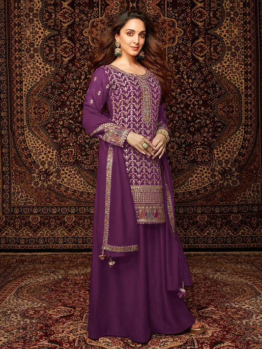 Purple Chinon Embroidered Palazzo Suit