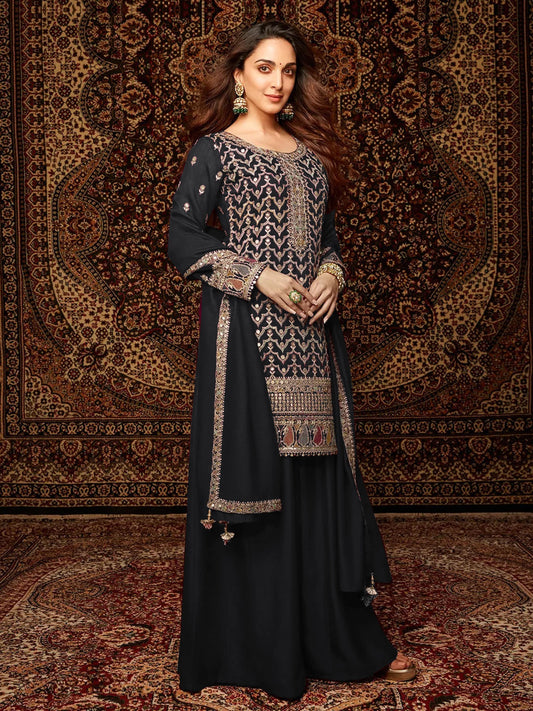 Black Chinon Embroidered Palazzo Suit