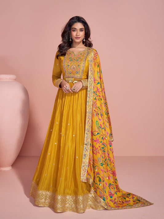 Yellow Printed Chinon Embroidered Anarkali Suit