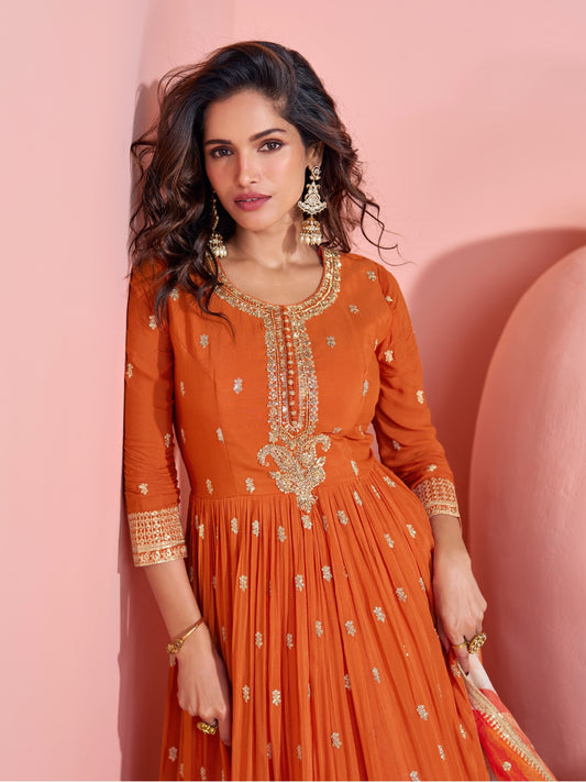 Orange Printed Chinon Embroidered Anarkali Suit