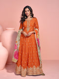 Orange Printed Chinon Embroidered Anarkali Suit