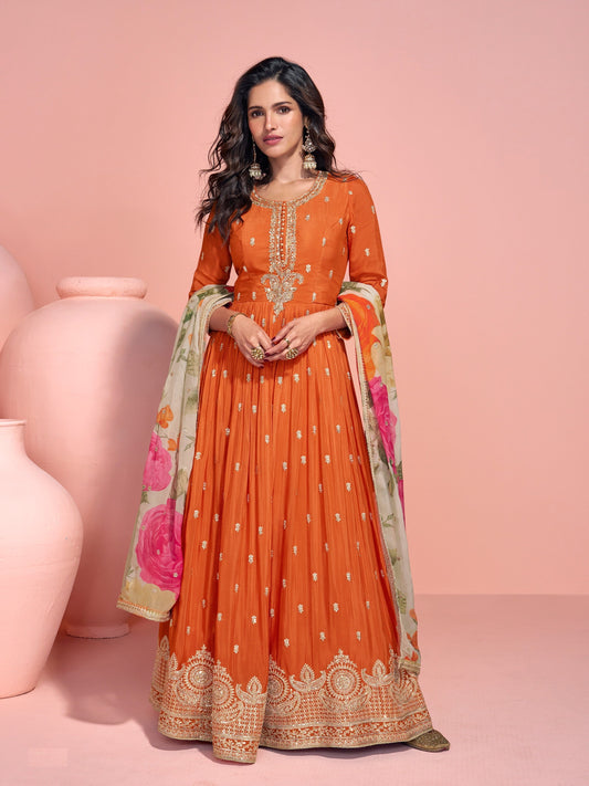 Orange Printed Chinon Embroidered Anarkali Suit