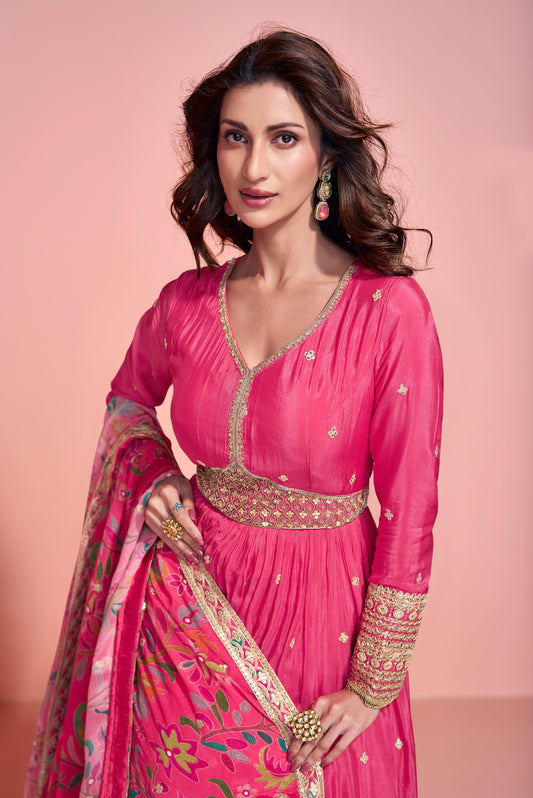 Pink Printed Chinon Embroidered Anarkali Suit