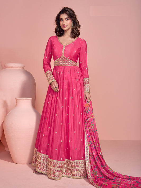 Pink Printed Chinon Embroidered Anarkali Suit