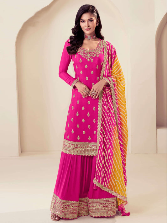 Pink Embroidered Chinon Printed Palazzo Suit