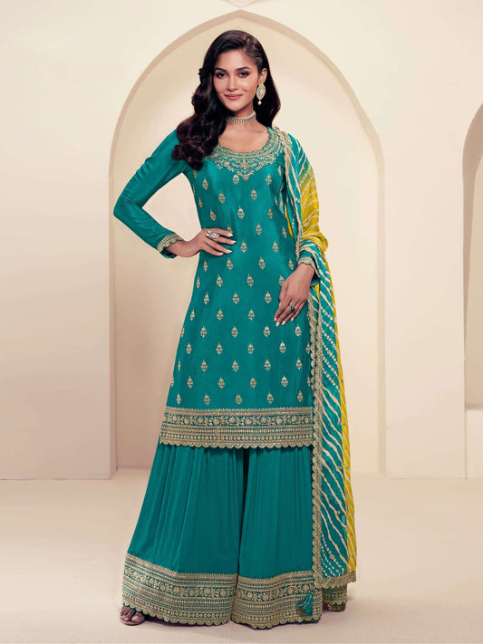 Sea Green Embroidered Chinon Printed Palazzo Suit