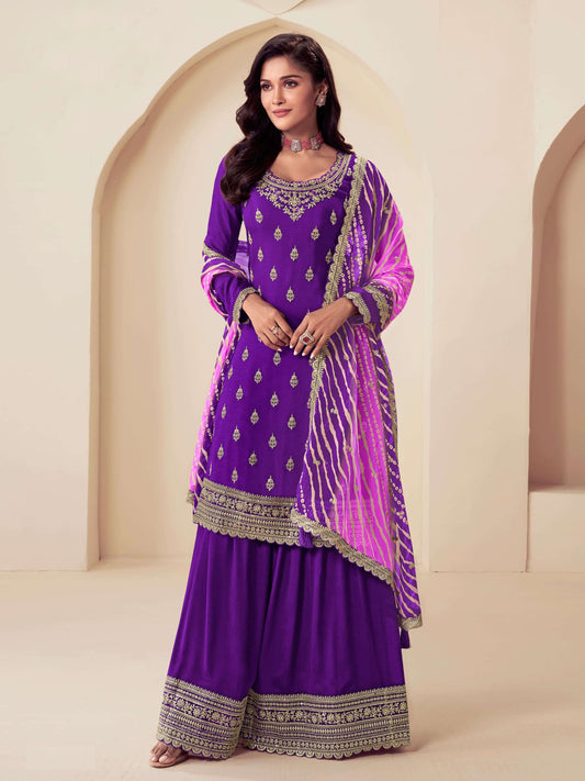 Purple Embroidered Chinon Printed Palazzo Suit