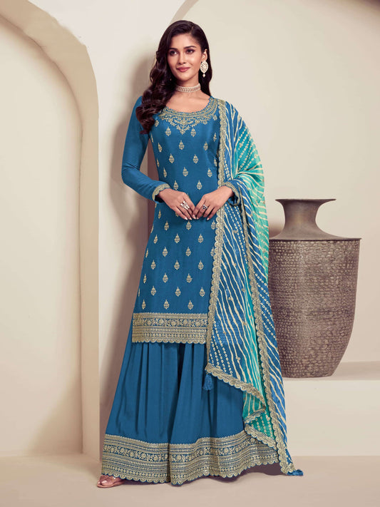 Blue Embroidered Chinon Printed Palazzo Suit