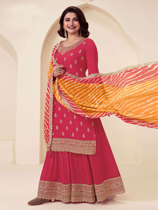 Red Embroidered Chinon Printed Palazzo Suit