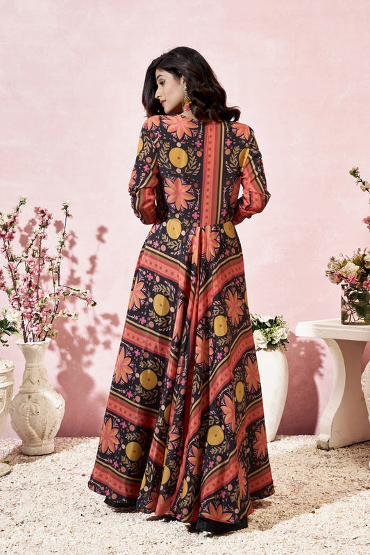 Black Digital Printed Crepe Readymade Indo Western Dress