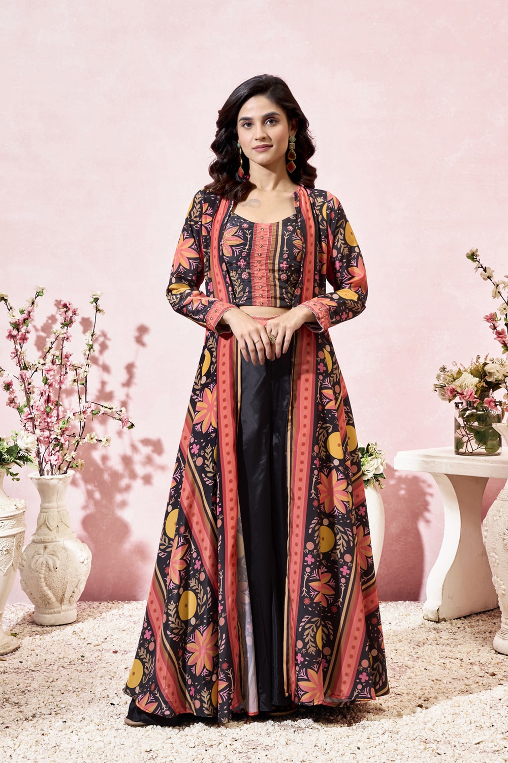 Black Digital Printed Crepe Readymade Indo Western Dress