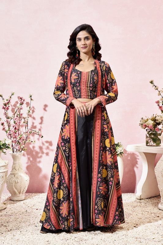 Black Digital Printed Crepe Readymade Indo Western Dress