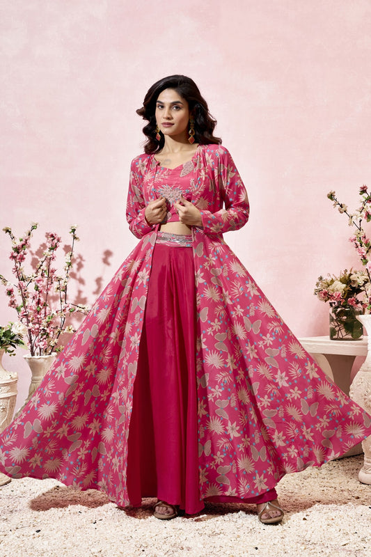 Pink Digital Printed Crepe Readymade Indo Western Dress
