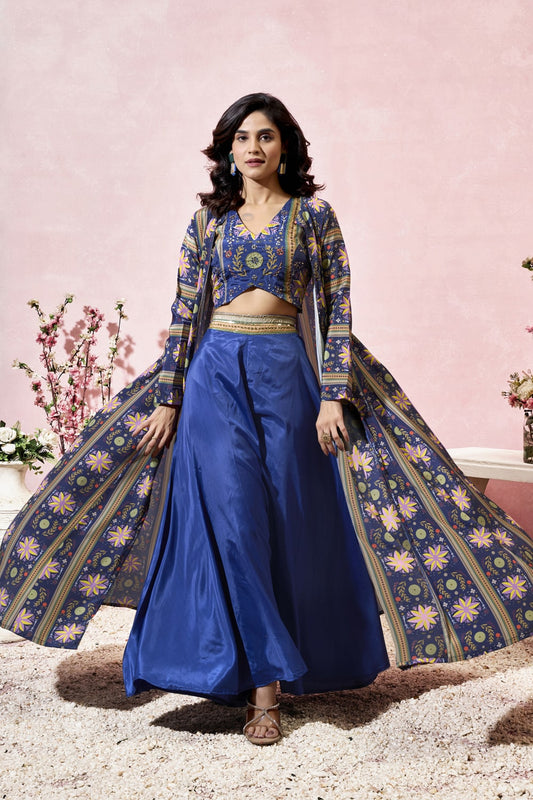 Blue Digital Printed Crepe Readymade Indo Western Dress