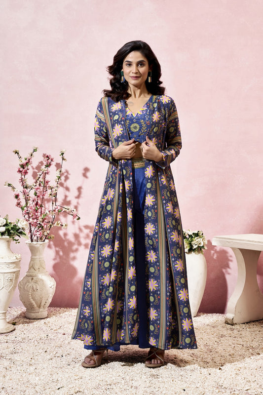 Blue Digital Printed Crepe Readymade Indo Western Dress