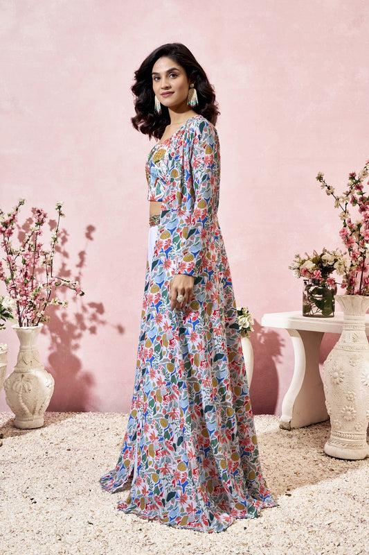 White Digital Printed Crepe Readymade Indo Western Dress