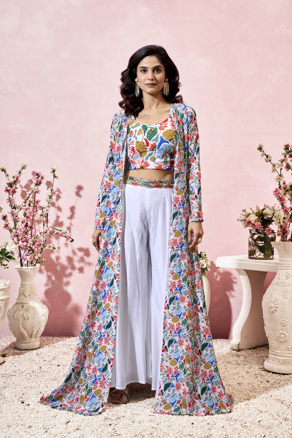 White Digital Printed Crepe Readymade Indo Western Dress