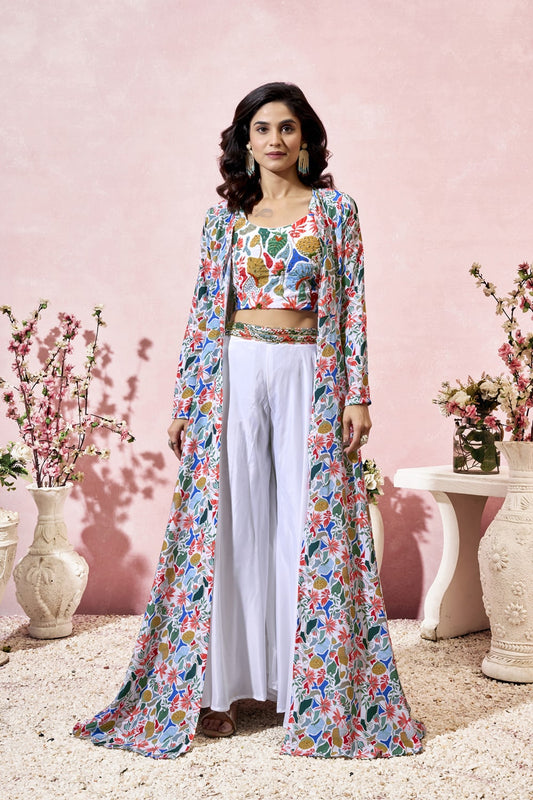 White Digital Printed Crepe Readymade Indo Western Dress