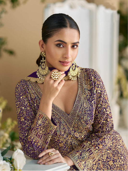Georgette Embroidered Palazzo Suit in Purple