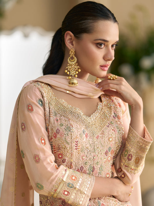 Georgette Embroidered Palazzo Suit in Peach