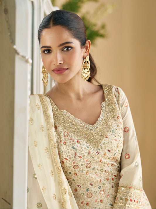 Georgette Embroidered Palazzo Suit in White
