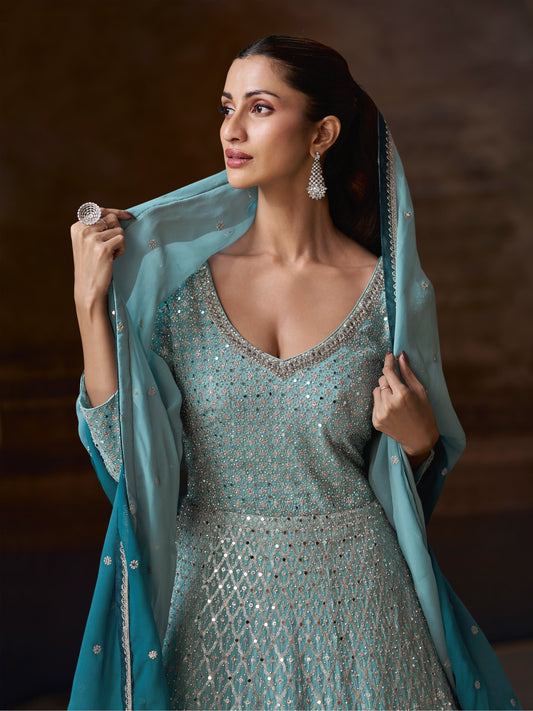 Chinon Embroidered Anarkali Suit in Sky Blue