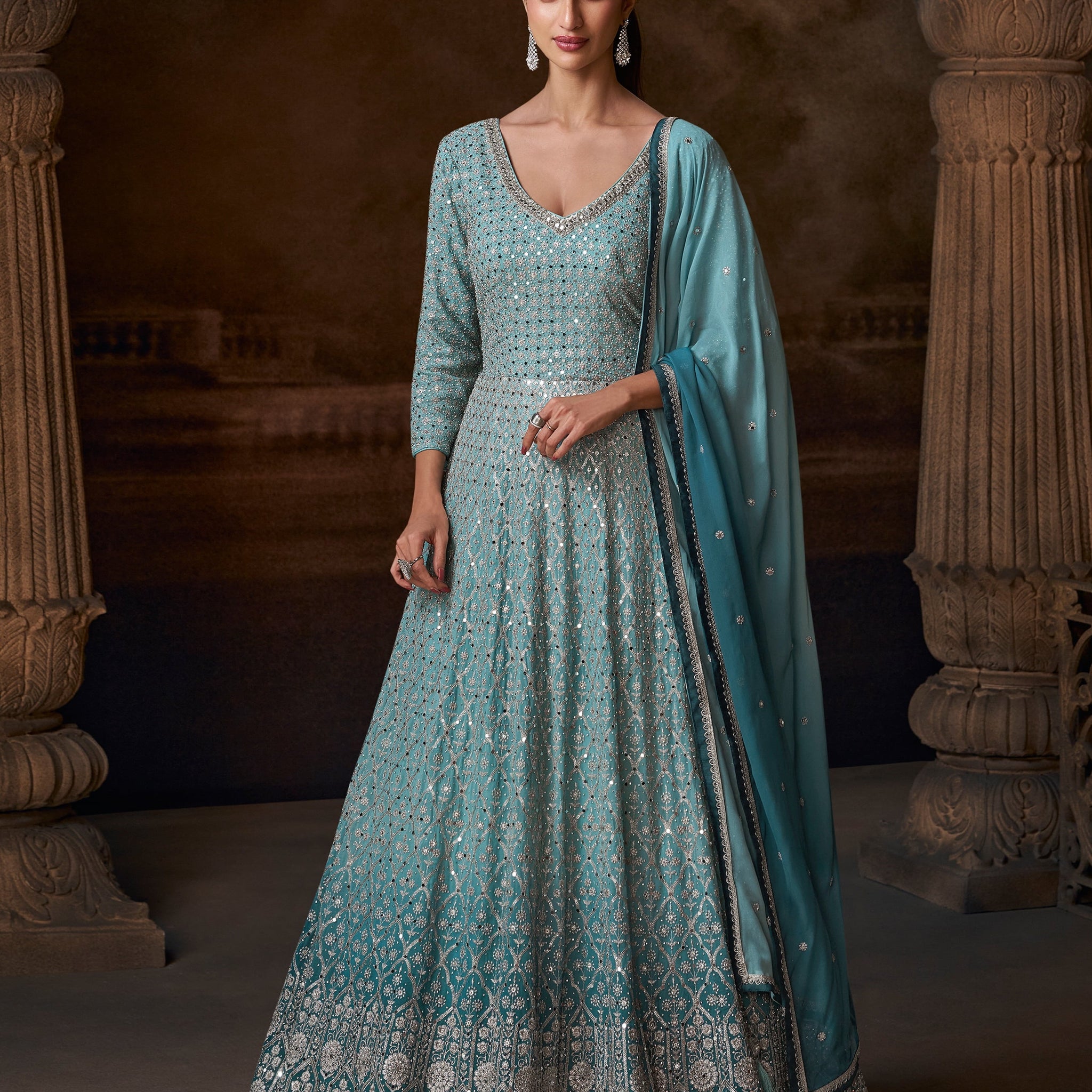 dusty blue indian dress Dusty Blue Embroidered Lehenga Set Stitched Indian Sequin Outfit With Dupatta