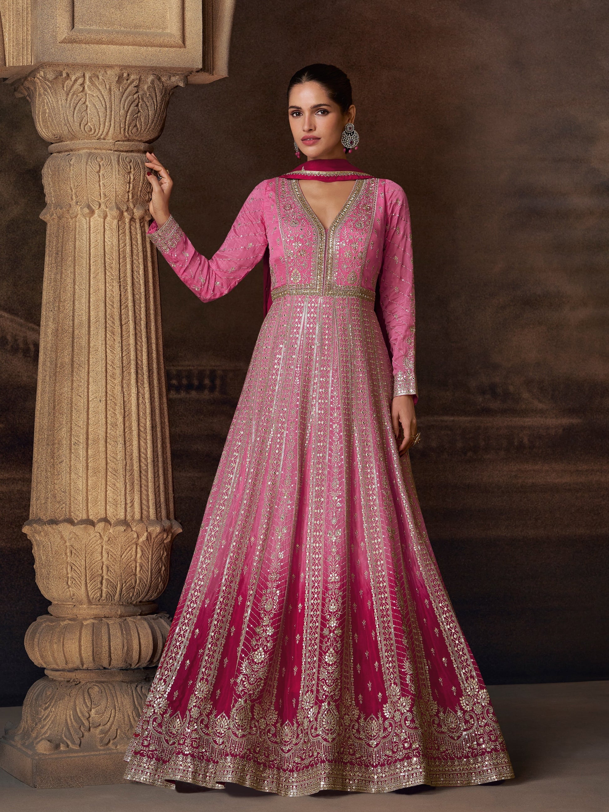 Chinon Embroidered Anarkali Suit in Pink Chinon Embroidered Anarkali Suit in Pink