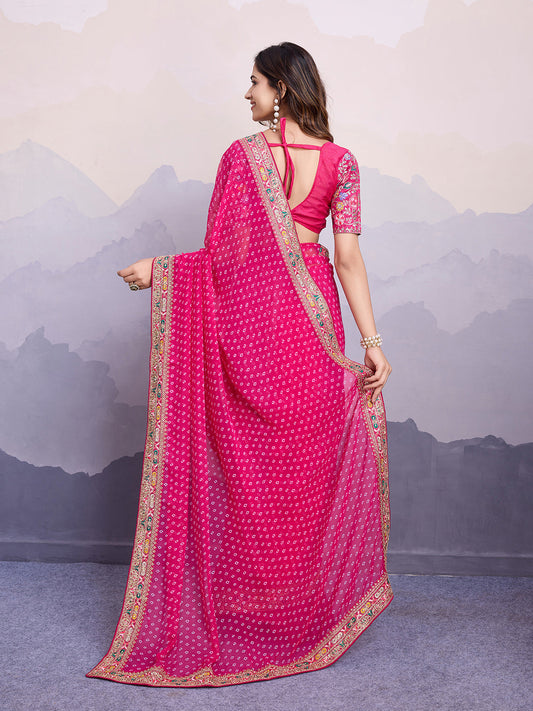 Pink Bandhani Printed Georgette Embroidered Saree with Art Silk Blouse
