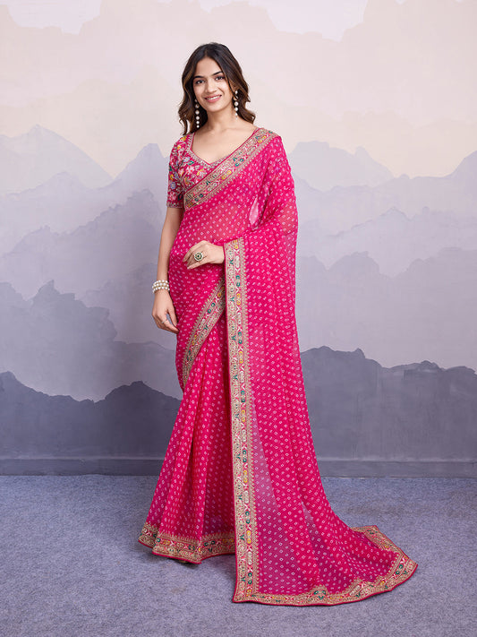Pink Bandhani Printed Georgette Embroidered Saree with Art Silk Blouse