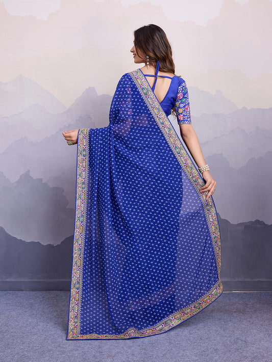 Blue Bandhani Printed Georgette Embroidered Saree with Art Silk Blouse