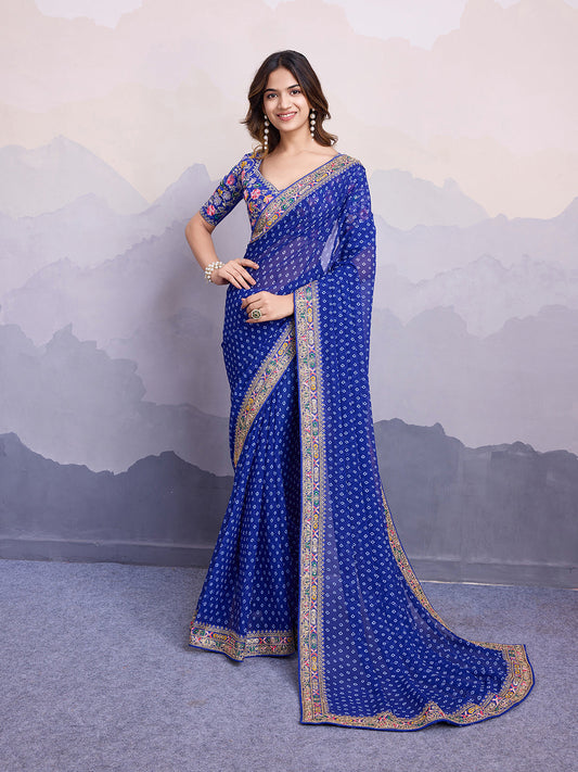 Blue Bandhani Printed Georgette Embroidered Saree with Art Silk Blouse