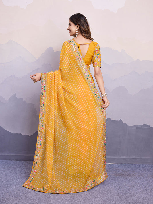 Yellow Bandhani Printed Georgette Embroidered Saree with Art Silk Blouse