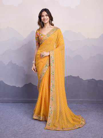 Yellow Bandhani Printed Georgette Embroidered Saree with Art Silk Blouse