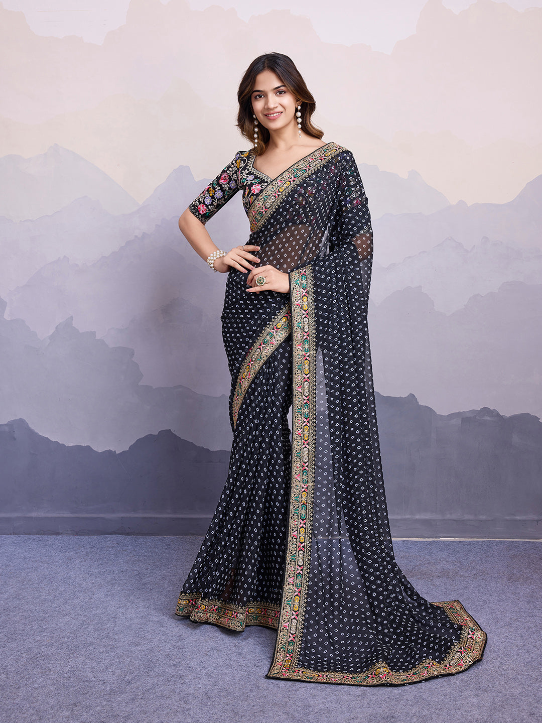Black Bandhani Printed Georgette Embroidered Saree with Art Silk Blouse
