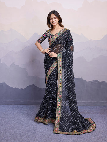 Black Bandhani Printed Georgette Embroidered Saree with Art Silk Blouse
