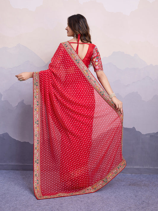 Red Bandhani Printed Georgette Embroidered Saree with Art Silk Blouse