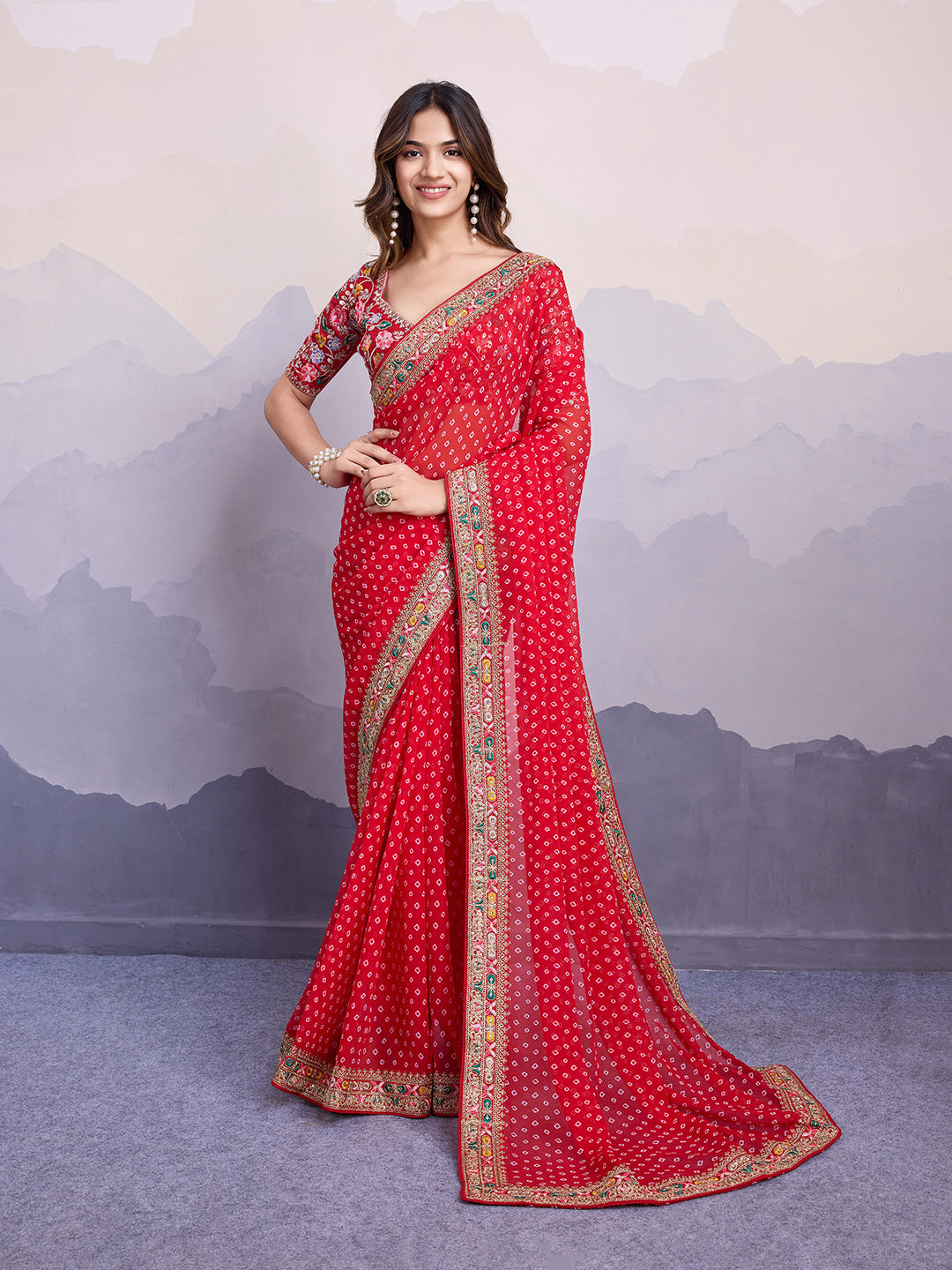 Red Bandhani Printed Georgette Embroidered Saree with Art Silk Blouse