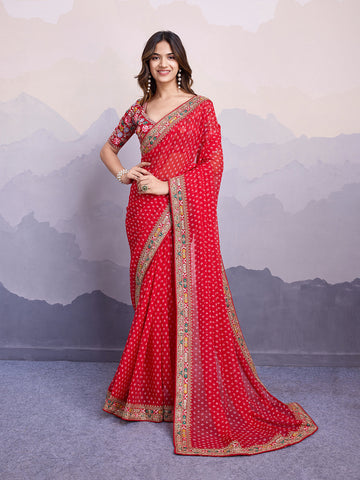 Red Bandhani Printed Georgette Embroidered Saree with Art Silk Blouse