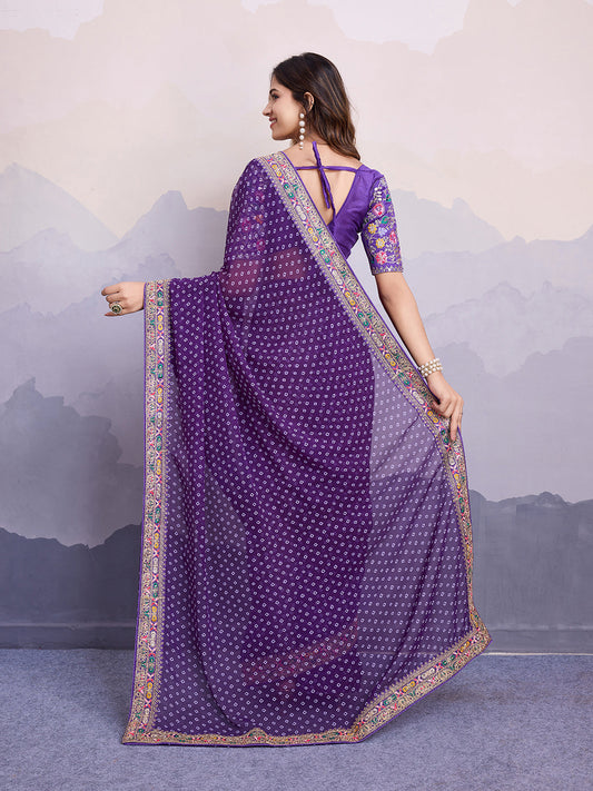 Purple Bandhani Printed Georgette Embroidered Saree with Art Silk Blouse