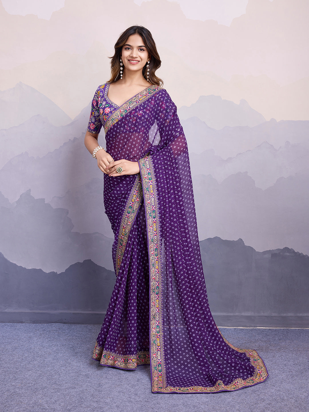 Purple Bandhani Printed Georgette Embroidered Saree with Art Silk Blouse