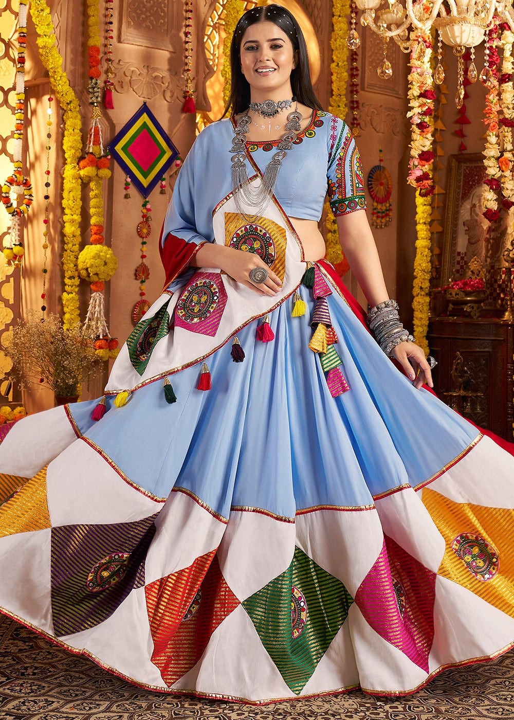 Sky Blue Viscose Embroidered Navratri Lehenga Choli