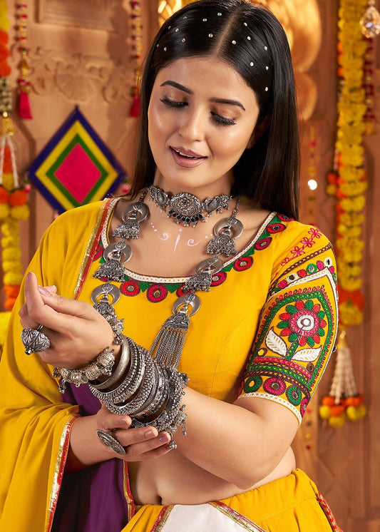 Yellow Viscose Embroidered Navratri Lehenga Choli