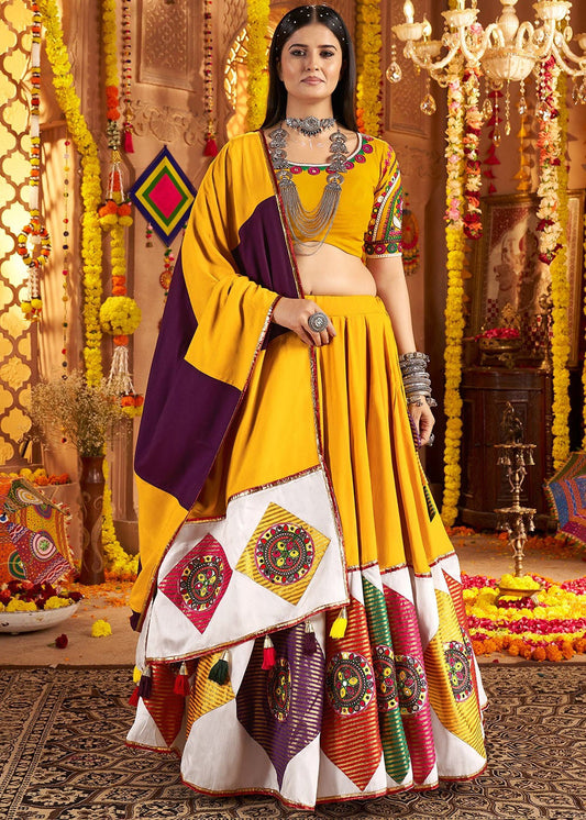 Yellow Viscose Embroidered Navratri Lehenga Choli