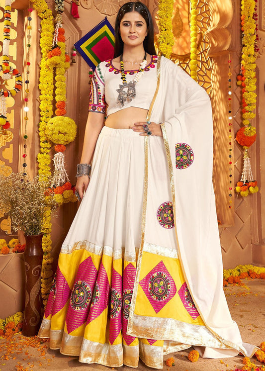 Off White Viscose Embroidered Navratri Lehenga Choli